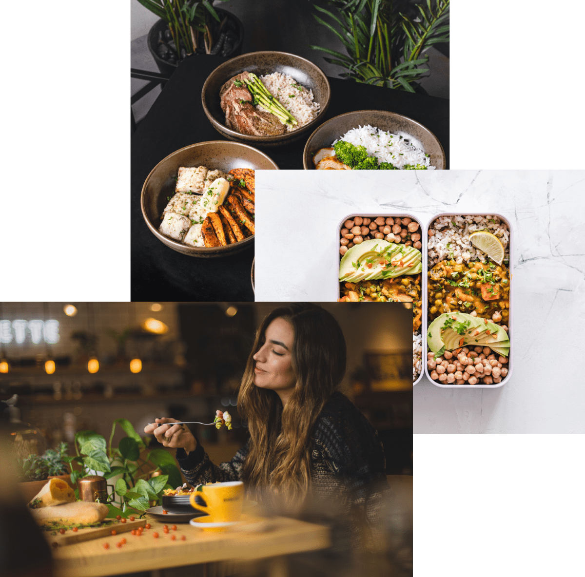Woman enjoying food, Meals in storage container, Food bowls on a table